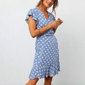 Rails Leanne Dusty Blue White Polka Dot True Wrap Dress Size XL Ruffle Flutter